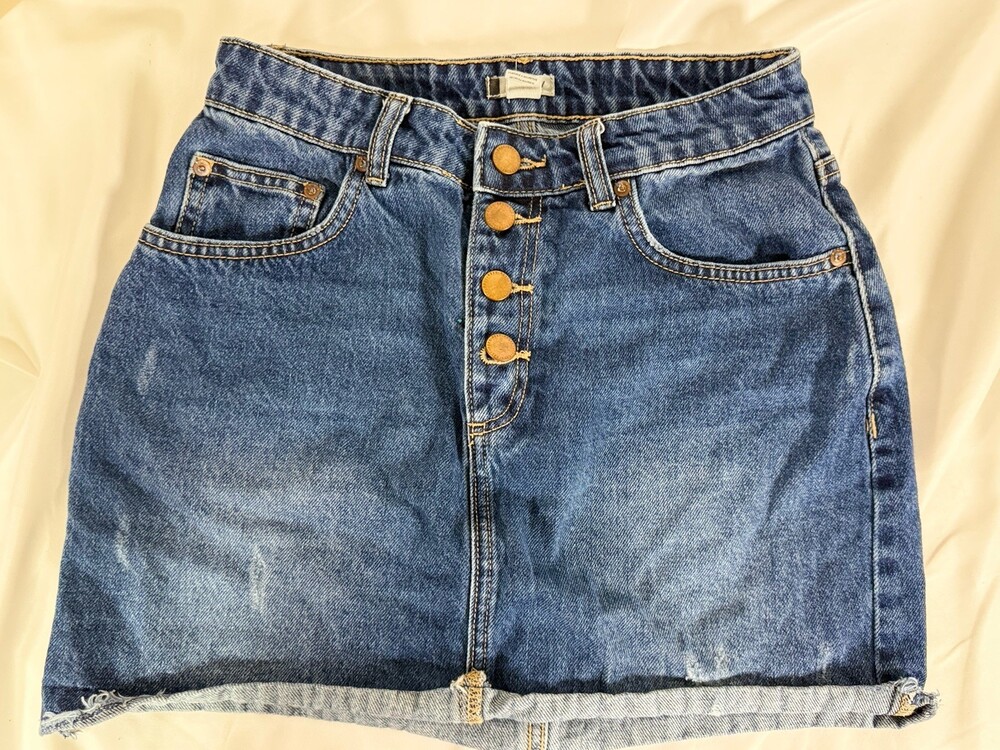 Roxy Size S Surfing Girl Power High Waist Denim Skirt Distressed Fly Buttons